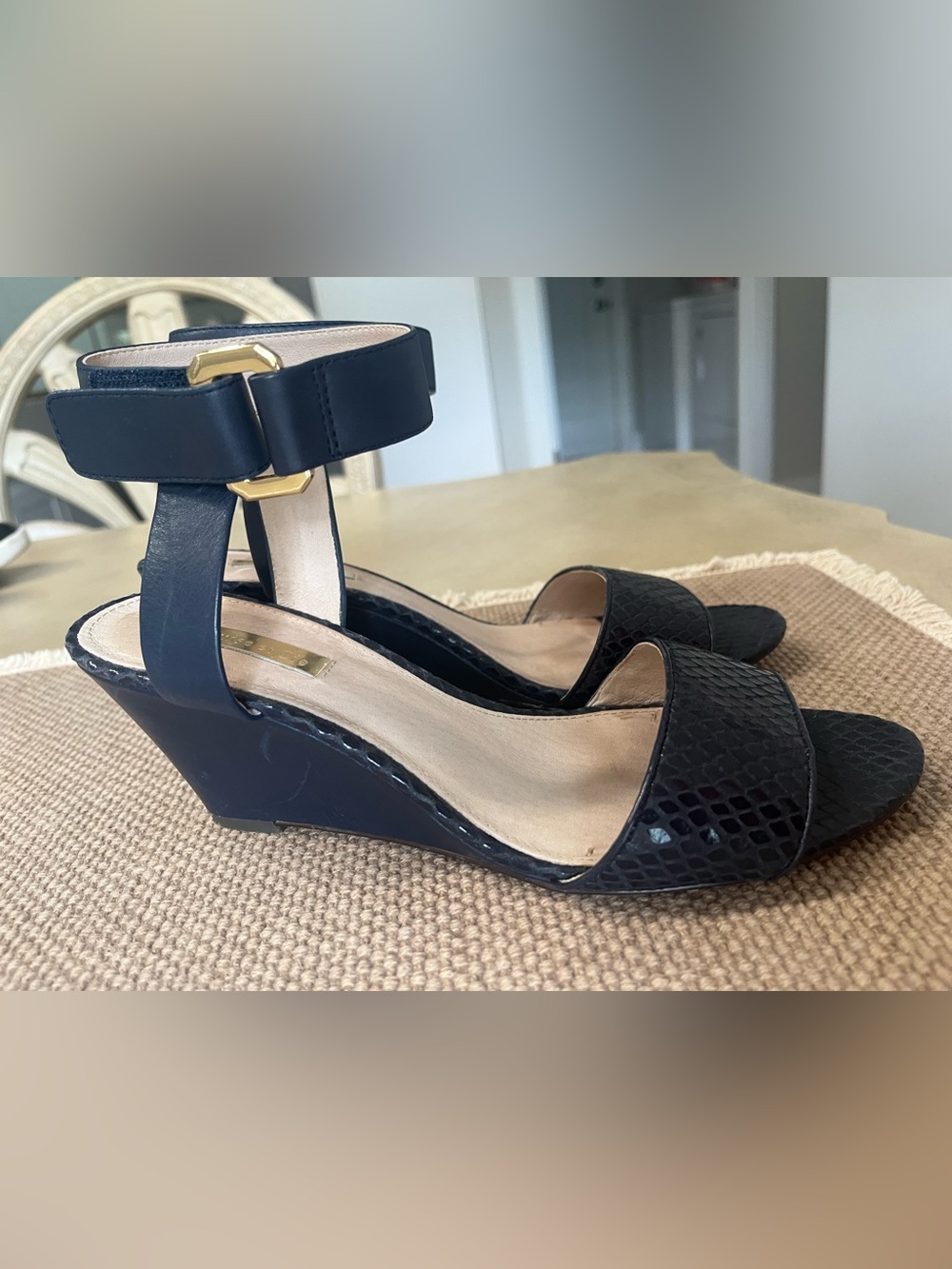 Louise et Cie Navy Snake-Embossed Ankle-Strap Block Heels Size 8.5